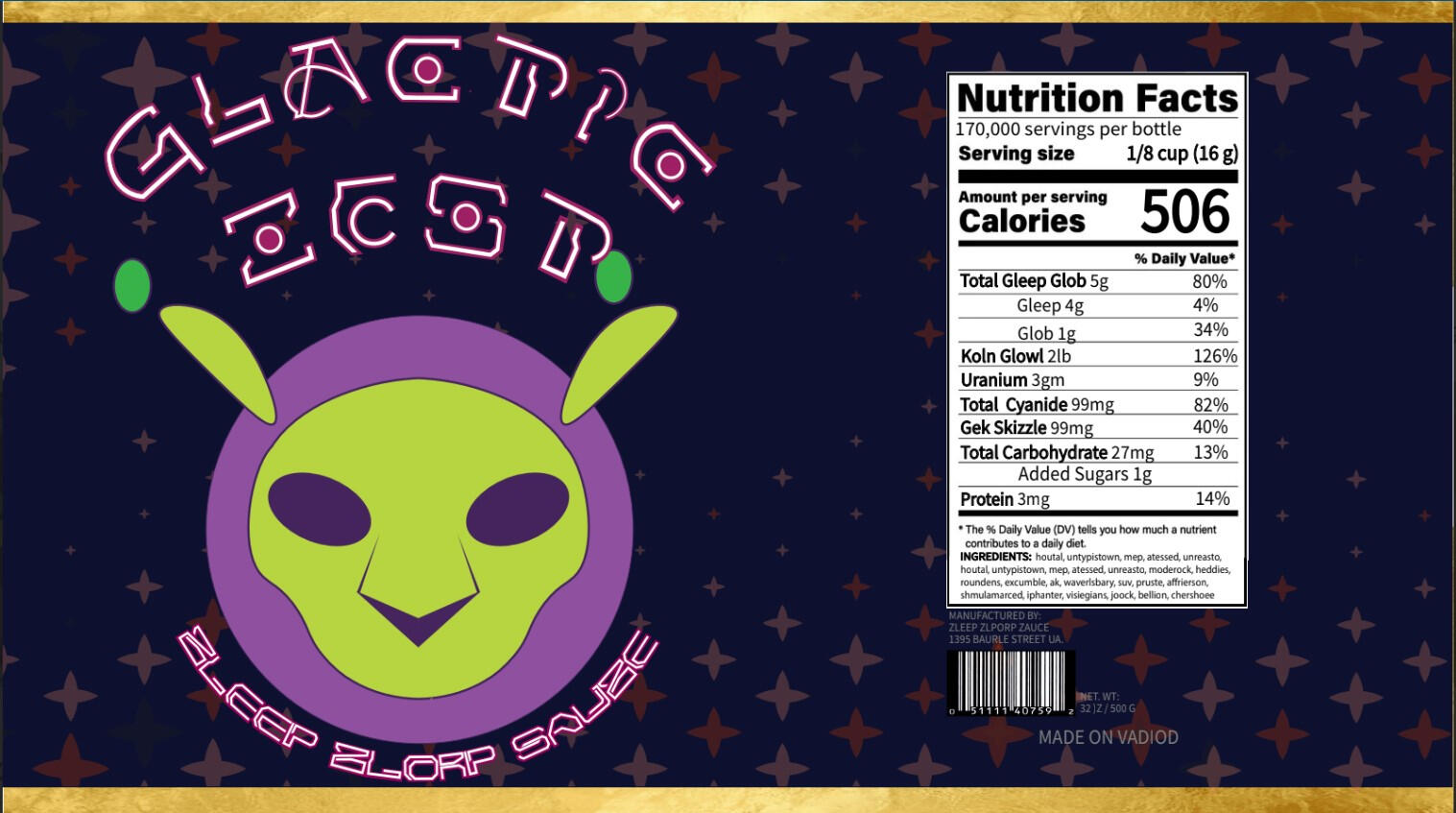 Logo and promotional video or fake sauce, "Glactic Zest" (the typo is intentional). Click on the image to see the promotional video!