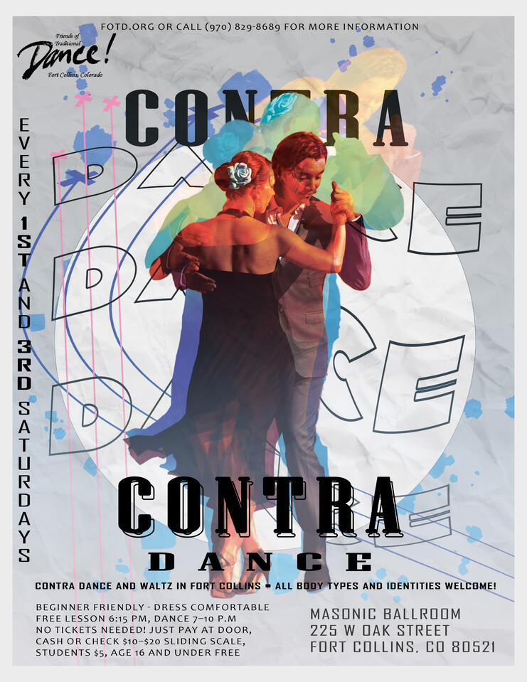 "Contra Poster" (6-19-25). Advertisement for Fort Collins Contra Dances